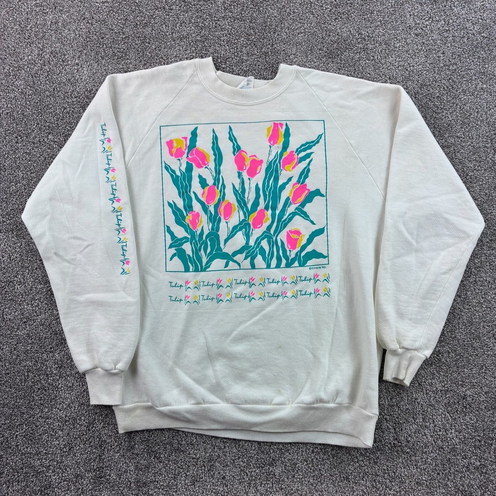 Vintage Tulip Sweatshirt Mens XL White Cotton Blend Floral Art Crewneck Holland